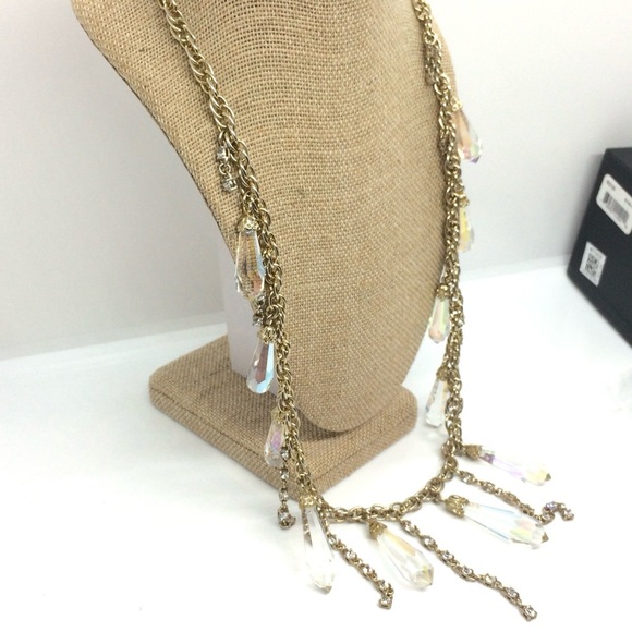 VINTAGE ANN TAYLOR AB AURORA BOREALIS BEAD CHAIN DANGLE NECKLACE GOLD TONE BELT - Picture 7 of 15